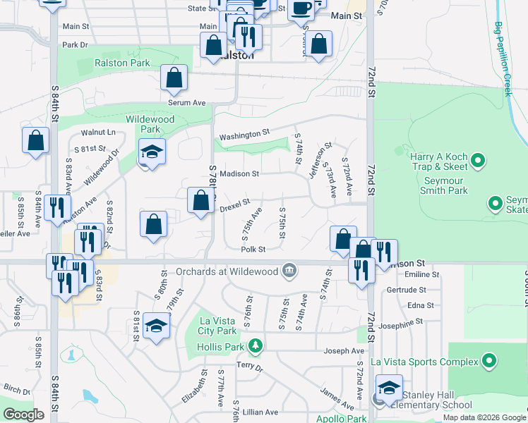 map of restaurants, bars, coffee shops, grocery stores, and more near 6711 South 75th Avenue in Ralston