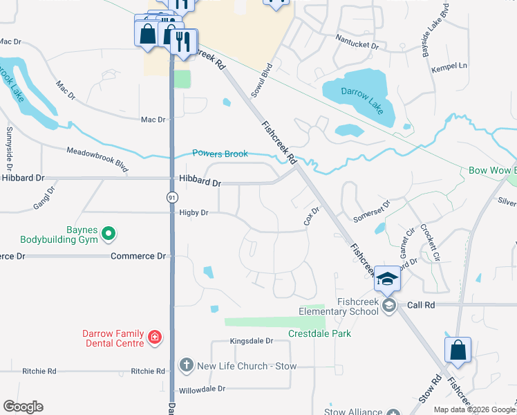 map of restaurants, bars, coffee shops, grocery stores, and more near 4684 Red Willow Drive in Stow