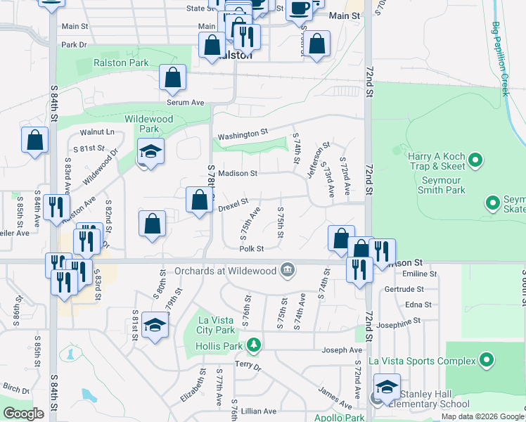 map of restaurants, bars, coffee shops, grocery stores, and more near 6711 South 75th Avenue in Ralston