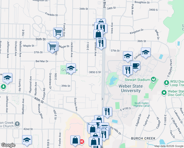 map of restaurants, bars, coffee shops, grocery stores, and more near 1121 East 3850 South in Ogden