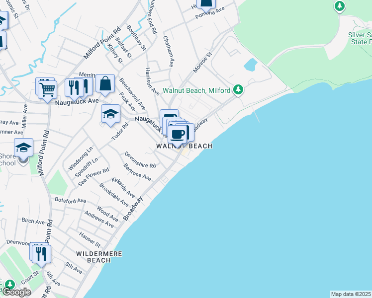 map of restaurants, bars, coffee shops, grocery stores, and more near in Milford