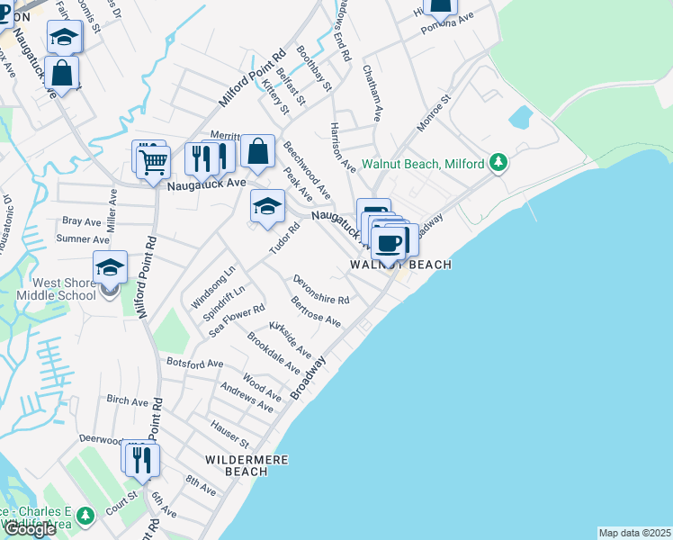 map of restaurants, bars, coffee shops, grocery stores, and more near 74 Stowe Avenue in Milford