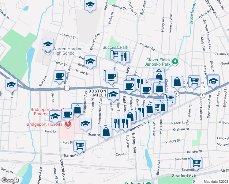 map of restaurants, bars, coffee shops, grocery stores, and more near 1868 Boston Avenue in Bridgeport