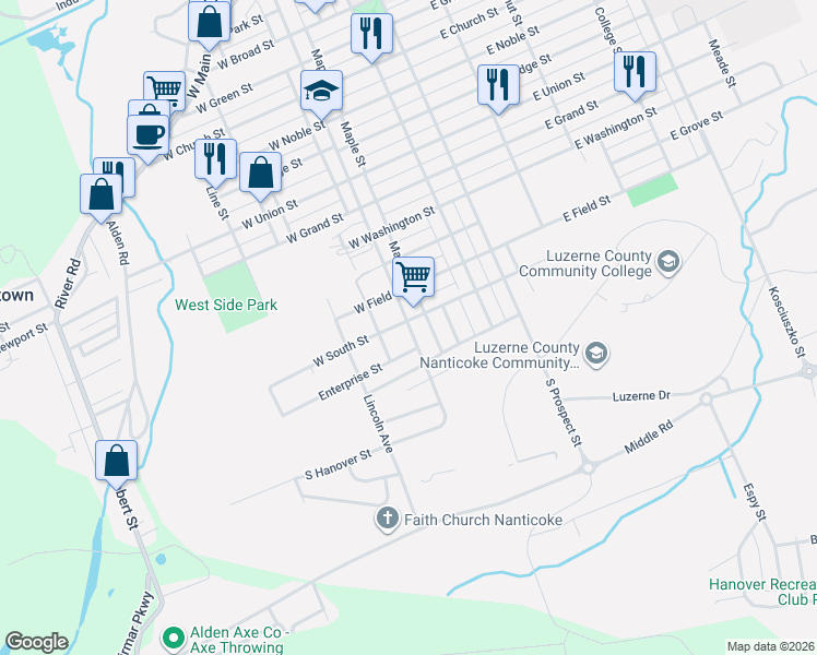 map of restaurants, bars, coffee shops, grocery stores, and more near 1215 S Hanover St in Nanticoke