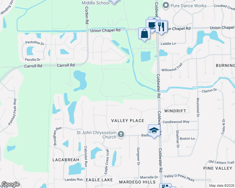 map of restaurants, bars, coffee shops, grocery stores, and more near 12115 Coldwater Road in Fort Wayne
