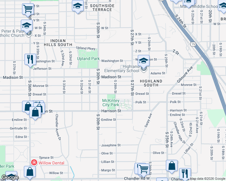 map of restaurants, bars, coffee shops, grocery stores, and more near 2742 Drexel Street in Omaha