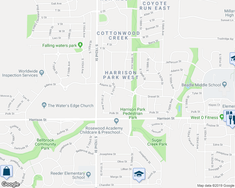map of restaurants, bars, coffee shops, grocery stores, and more near 19056 Drexel Circle in Omaha
