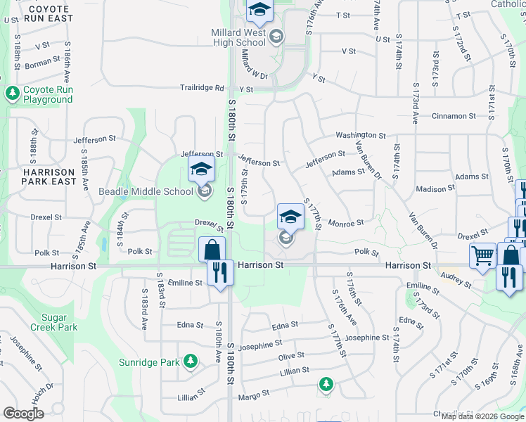 map of restaurants, bars, coffee shops, grocery stores, and more near 17810 Monroe Street in Omaha