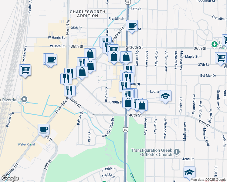 map of restaurants, bars, coffee shops, grocery stores, and more near 3833 Washington Boulevard in Ogden