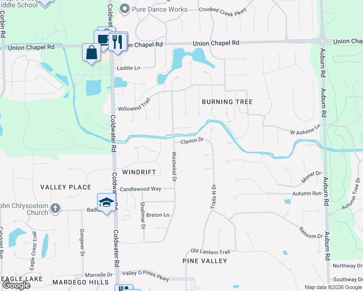 map of restaurants, bars, coffee shops, grocery stores, and more near 1210 Clarion Drive in Fort Wayne