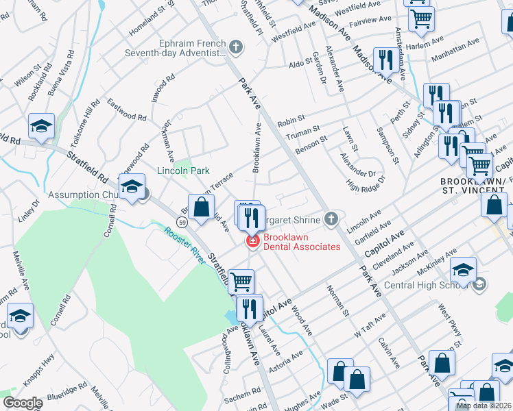 map of restaurants, bars, coffee shops, grocery stores, and more near 1258 Brooklawn Avenue in Fairfield