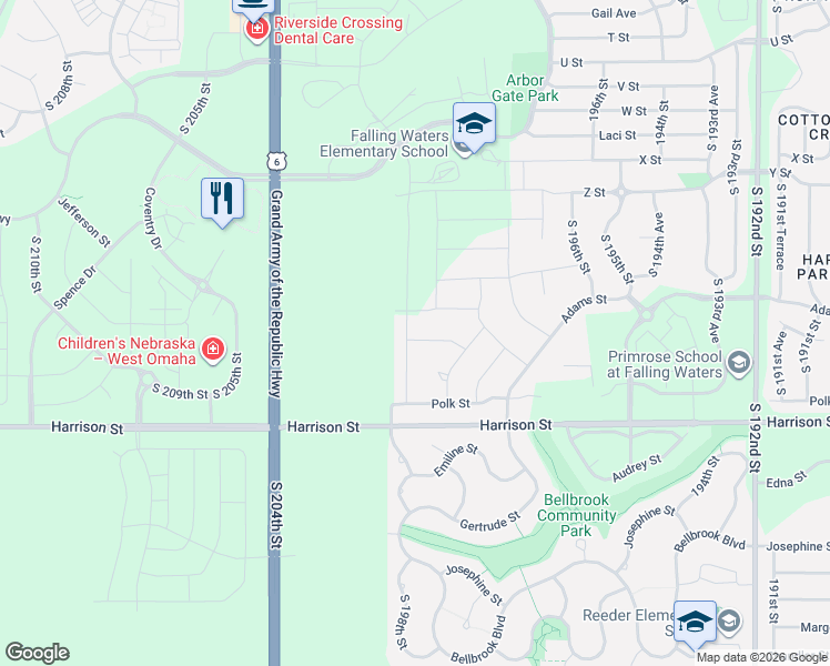 map of restaurants, bars, coffee shops, grocery stores, and more near 6568 South 201st Street in Omaha