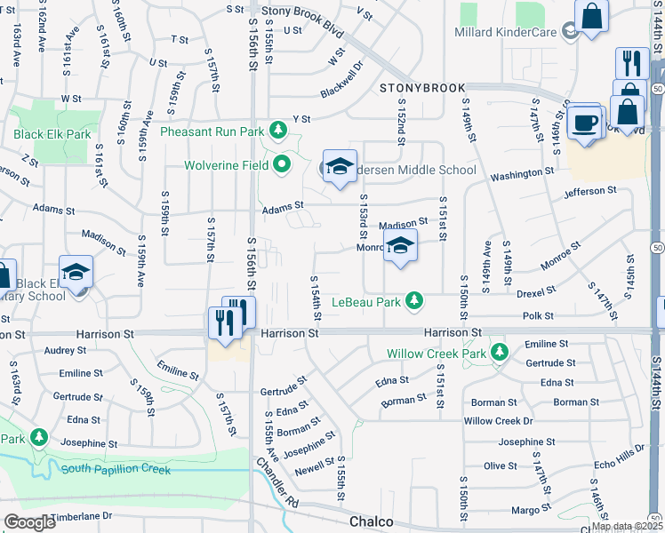 map of restaurants, bars, coffee shops, grocery stores, and more near 15332 Drexel Cir in Omaha