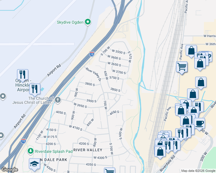 map of restaurants, bars, coffee shops, grocery stores, and more near 3796 650 West in Ogden