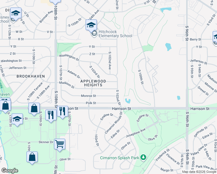 map of restaurants, bars, coffee shops, grocery stores, and more near 10228 Madison Street in Omaha