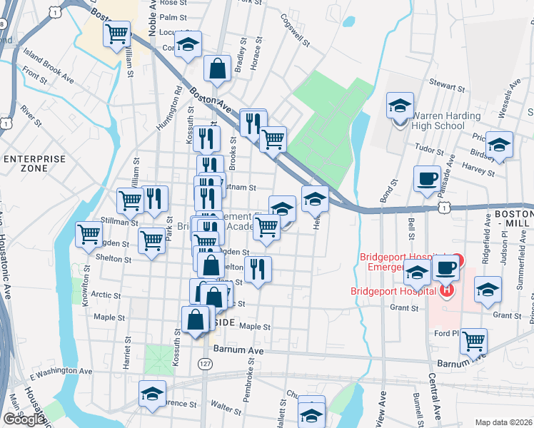 map of restaurants, bars, coffee shops, grocery stores, and more near 1389 Pembroke Street in Bridgeport