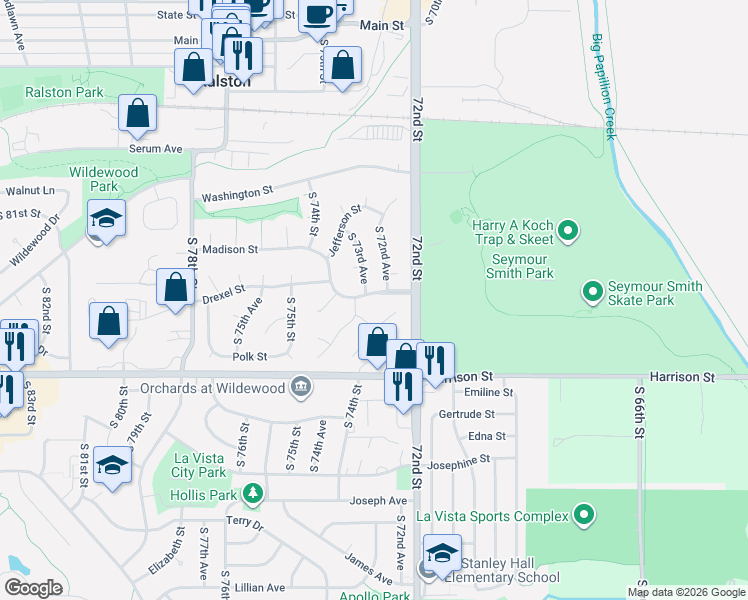 map of restaurants, bars, coffee shops, grocery stores, and more near 7263 Drexel Street in Ralston