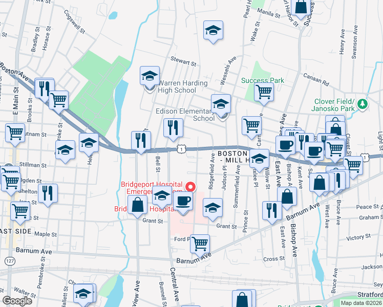 map of restaurants, bars, coffee shops, grocery stores, and more near 461 Mill Hill Avenue in Bridgeport