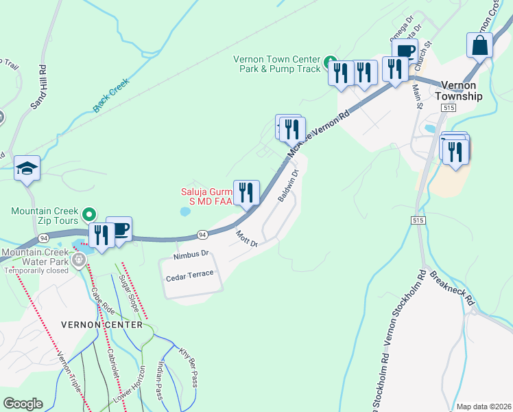 map of restaurants, bars, coffee shops, grocery stores, and more near 249 New Jersey 94 in Sussex County