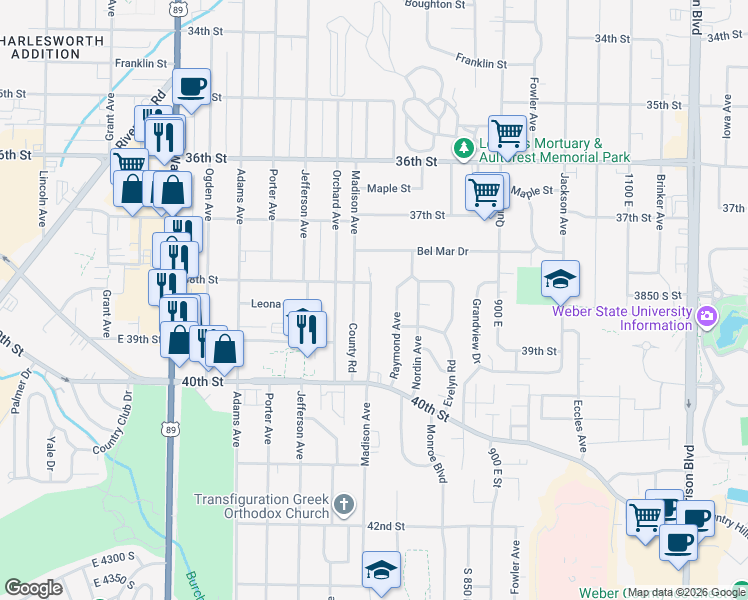map of restaurants, bars, coffee shops, grocery stores, and more near 3839 Madison Avenue in Ogden