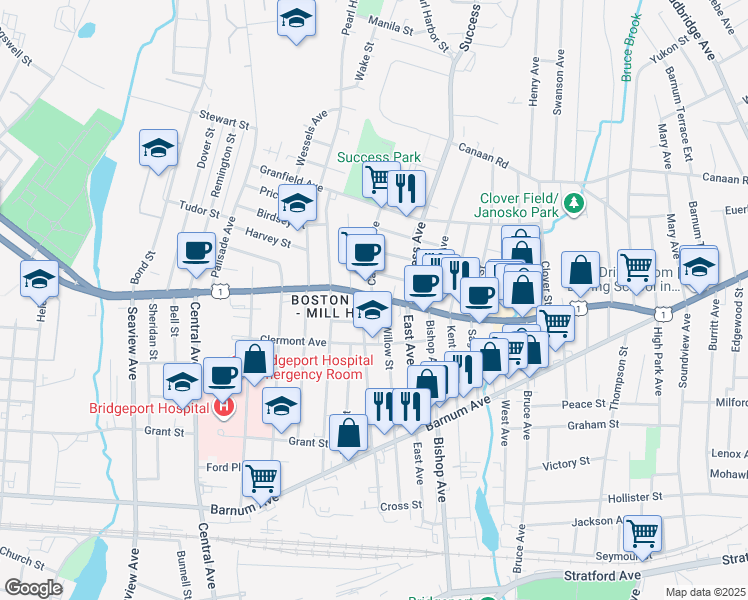map of restaurants, bars, coffee shops, grocery stores, and more near 1868 Boston Avenue in Bridgeport