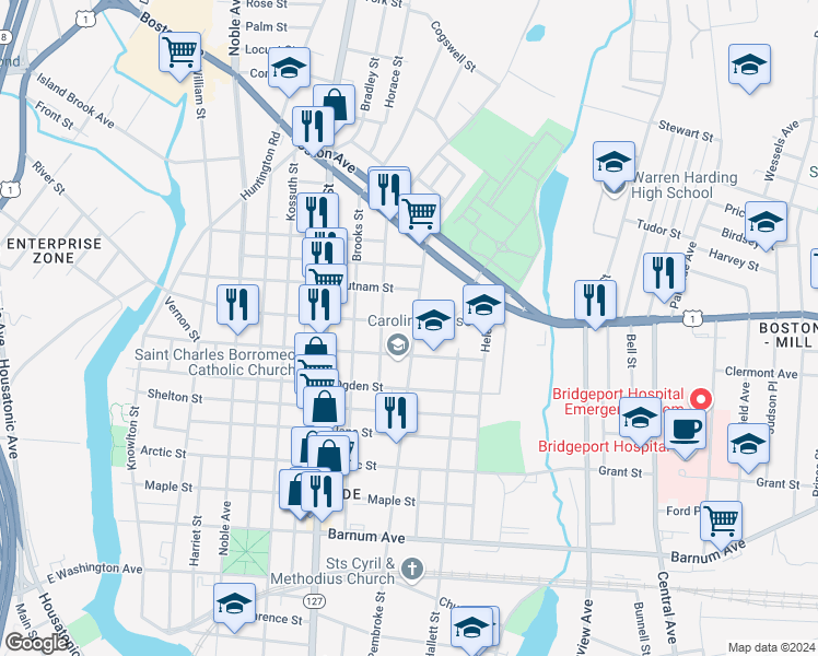 map of restaurants, bars, coffee shops, grocery stores, and more near 508 Berkshire Avenue in Bridgeport