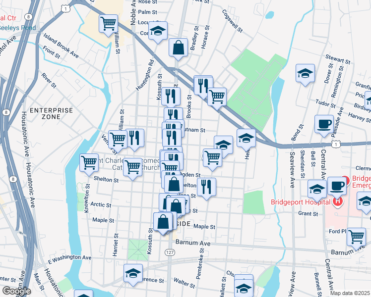 map of restaurants, bars, coffee shops, grocery stores, and more near 506 Brooks Street in Bridgeport