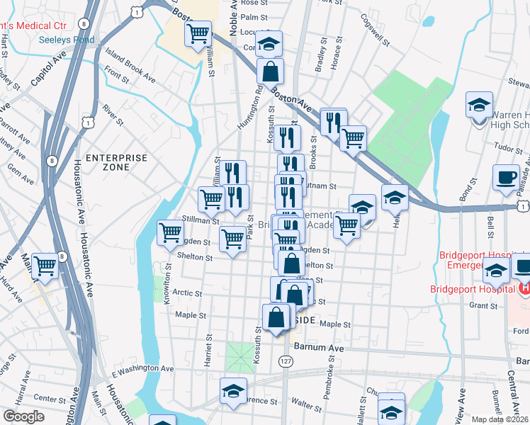 map of restaurants, bars, coffee shops, grocery stores, and more near 1066 Kossuth Street in Bridgeport
