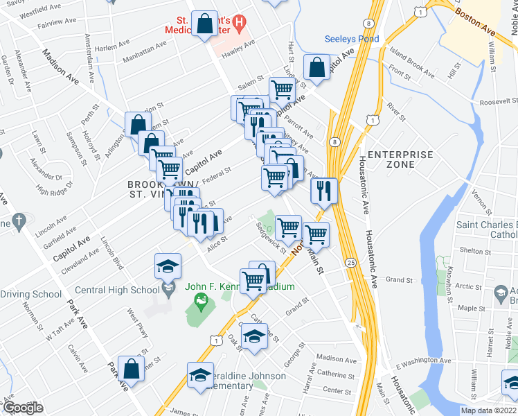 map of restaurants, bars, coffee shops, grocery stores, and more near 75 Wheeler Avenue in Bridgeport