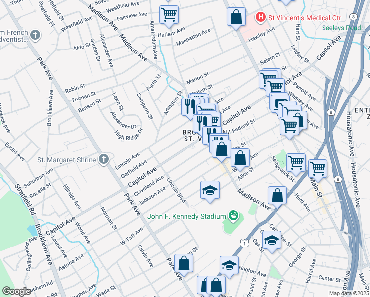 map of restaurants, bars, coffee shops, grocery stores, and more near 967 Capitol Avenue in Bridgeport
