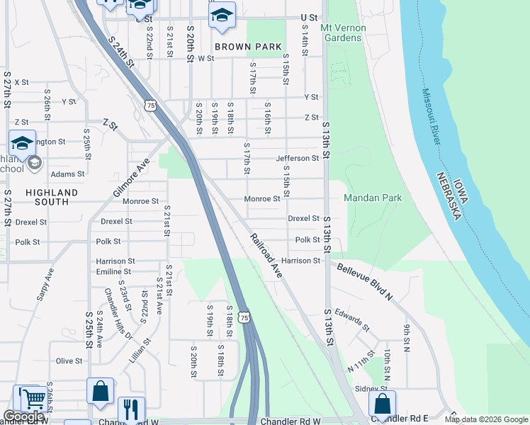 map of restaurants, bars, coffee shops, grocery stores, and more near 1526 Drexel Street in Omaha