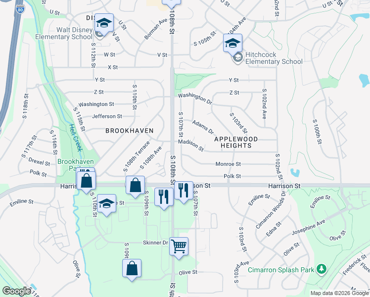 map of restaurants, bars, coffee shops, grocery stores, and more near 6518 South 107th Street in Omaha