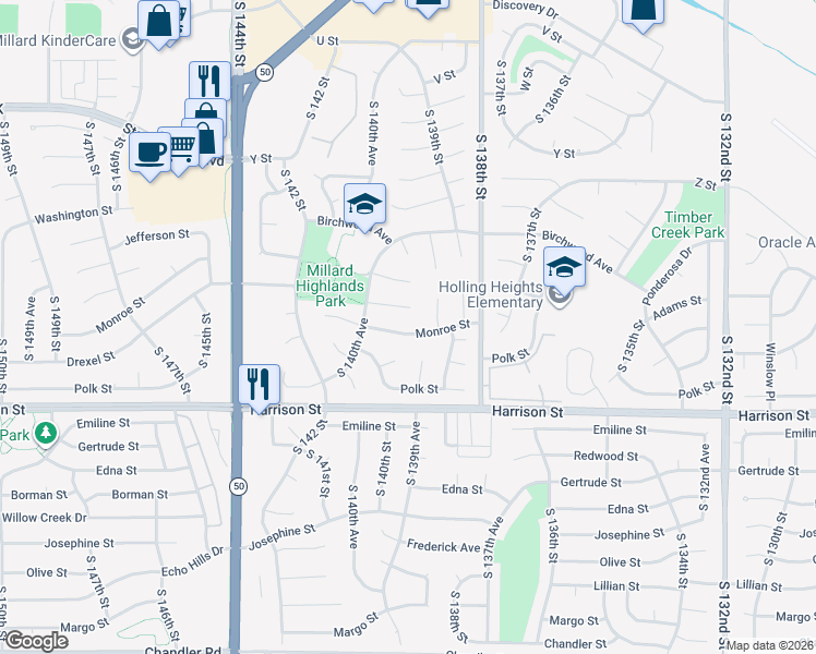 map of restaurants, bars, coffee shops, grocery stores, and more near 13924 Monroe Street in Omaha