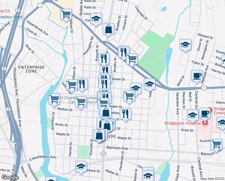 map of restaurants, bars, coffee shops, grocery stores, and more near 506 Brooks Street in Bridgeport