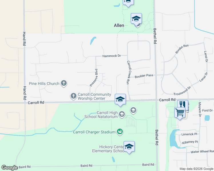 map of restaurants, bars, coffee shops, grocery stores, and more near 12208 Cross Winds Way in Fort Wayne