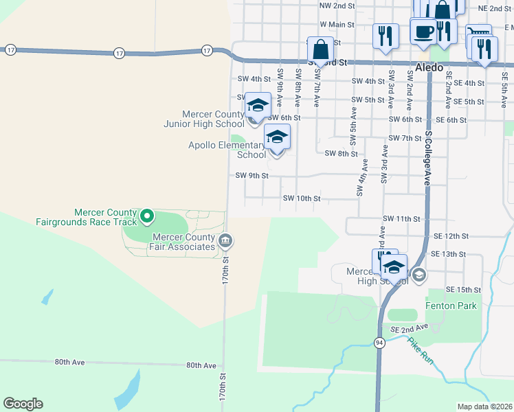 map of restaurants, bars, coffee shops, grocery stores, and more near 1010 Southwest 10th Street in Aledo