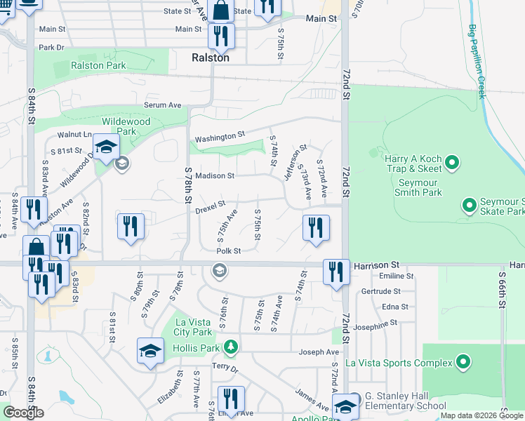 map of restaurants, bars, coffee shops, grocery stores, and more near 6722 South 73rd Terrace Circle in Ralston