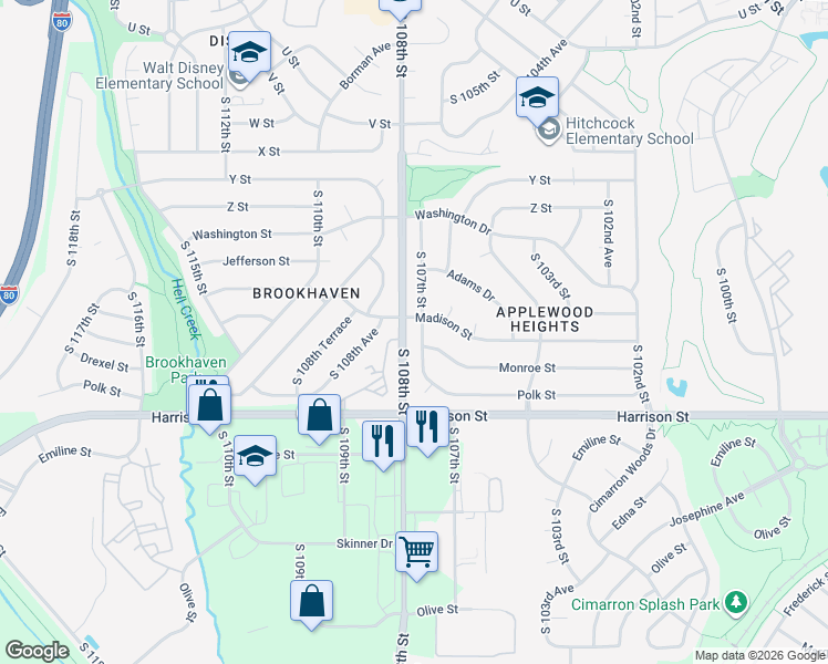 map of restaurants, bars, coffee shops, grocery stores, and more near 6518 South 107th Street in Omaha