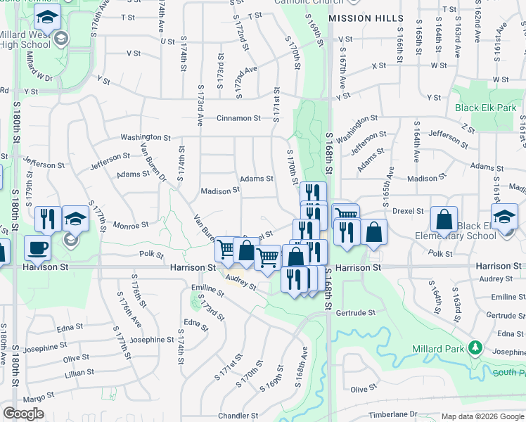 map of restaurants, bars, coffee shops, grocery stores, and more near 6613 South 171st Circle in Omaha