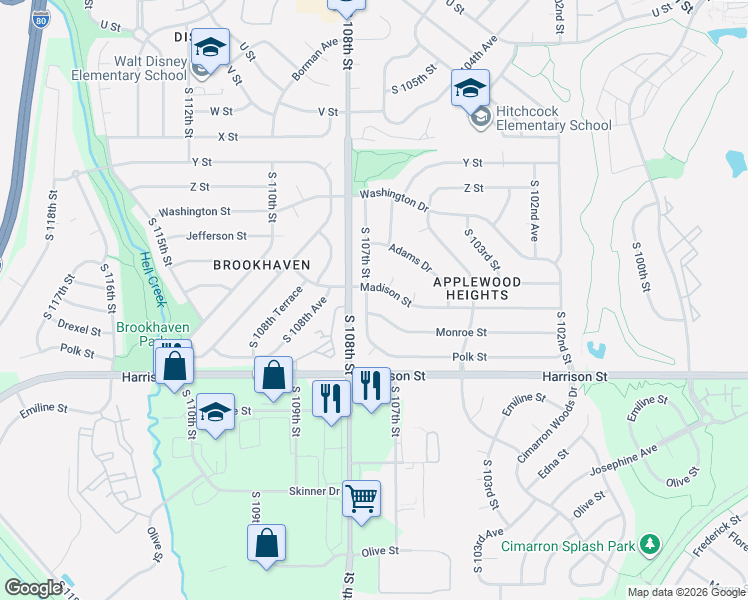 map of restaurants, bars, coffee shops, grocery stores, and more near 6518 South 107th Street in Omaha