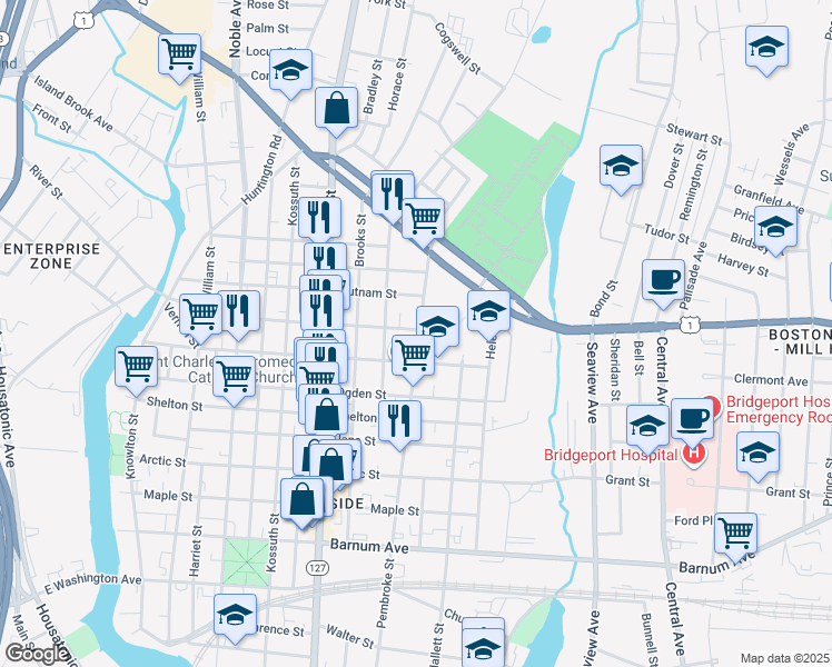 map of restaurants, bars, coffee shops, grocery stores, and more near 1391 Pembroke Street in Bridgeport