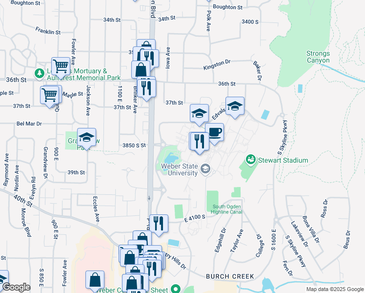 map of restaurants, bars, coffee shops, grocery stores, and more near 3850 Dixon Parkway in Ogden