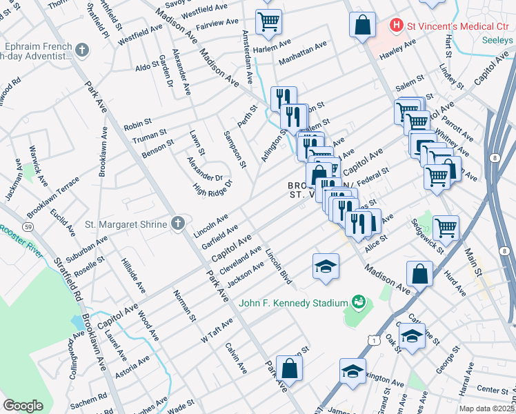 map of restaurants, bars, coffee shops, grocery stores, and more near 539 Garfield Avenue in Bridgeport