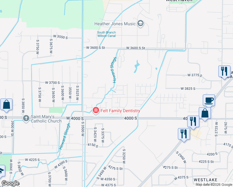 map of restaurants, bars, coffee shops, grocery stores, and more near 3338 West 3785 South in West Haven