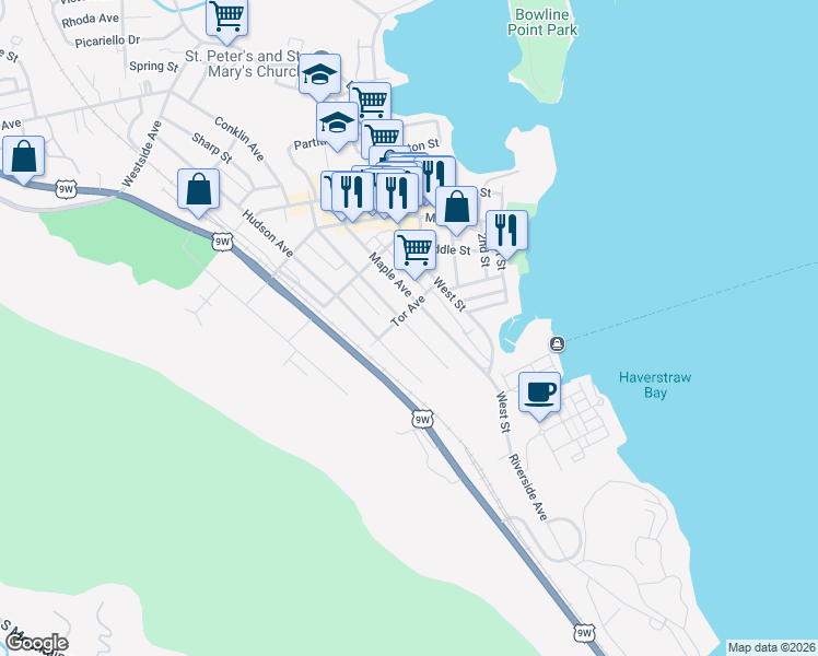 map of restaurants, bars, coffee shops, grocery stores, and more near 123 Clove Avenue in Haverstraw