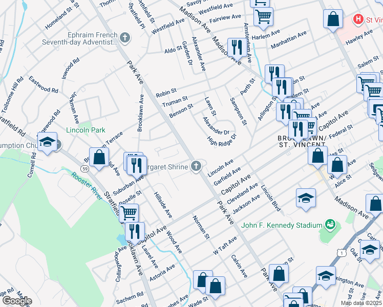 map of restaurants, bars, coffee shops, grocery stores, and more near 2600 Park Avenue in Bridgeport