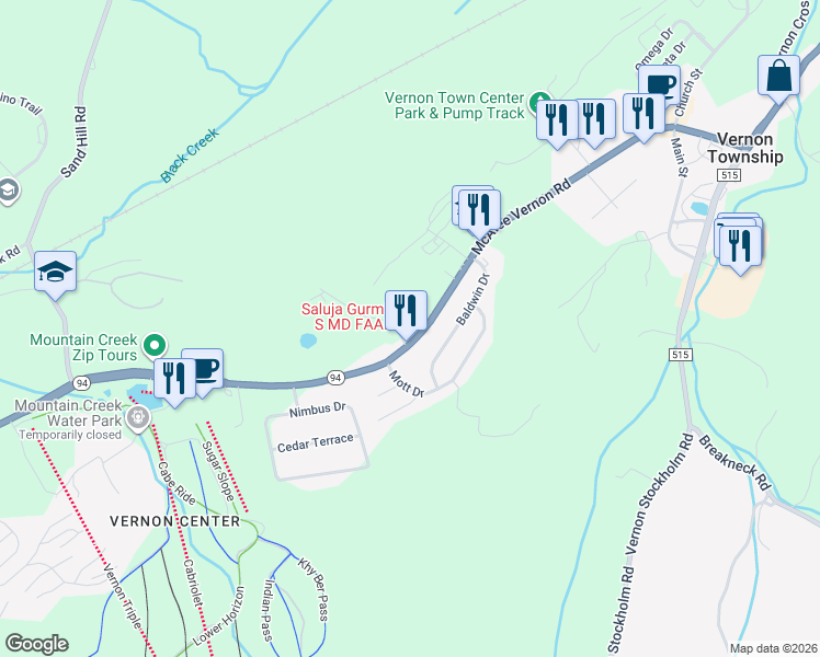 map of restaurants, bars, coffee shops, grocery stores, and more near 249 New Jersey 94 in Vernon Township