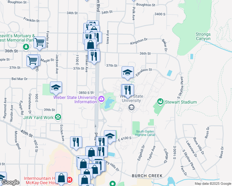 map of restaurants, bars, coffee shops, grocery stores, and more near 3850 University Circle in Ogden