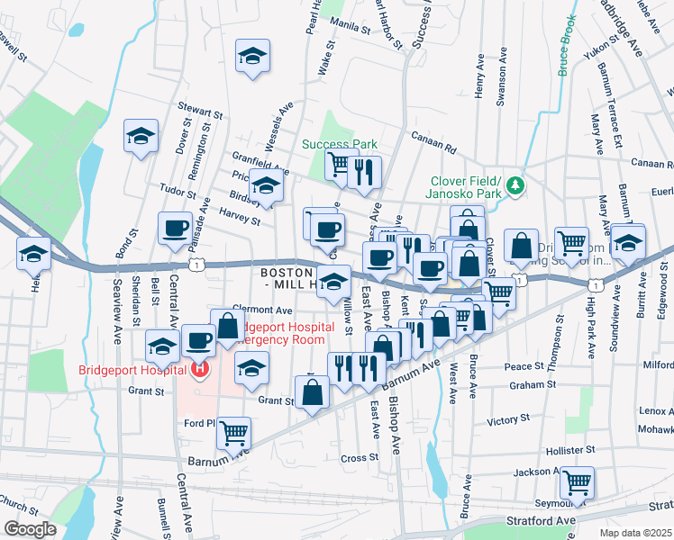 map of restaurants, bars, coffee shops, grocery stores, and more near 1868 Boston Avenue in Bridgeport