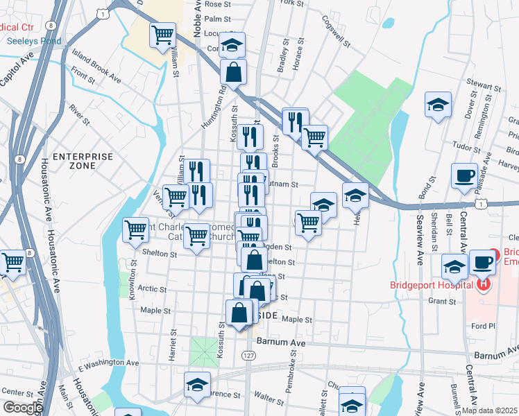map of restaurants, bars, coffee shops, grocery stores, and more near 1340 East Main Street in Bridgeport